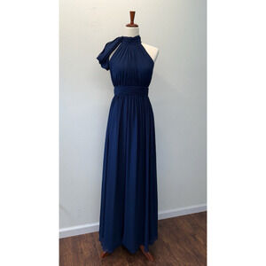 Mac Duggal Ieena Maxi Gown Dress Womens Size 4 Navy Blue High Neck Bow Pleated
